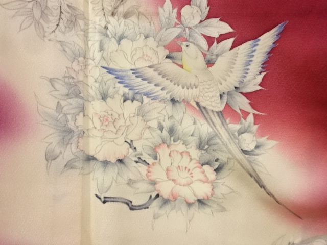 JAPANESE KIMONO / ANTIQUE KIMONO / BIRD WITH PEONY & WISTERIA